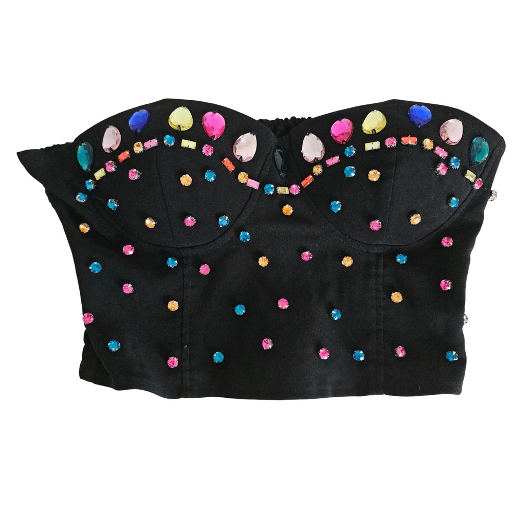 Vintage Body Central Womens Black Rhinestone Bustier Top L Y2K Festival Rave